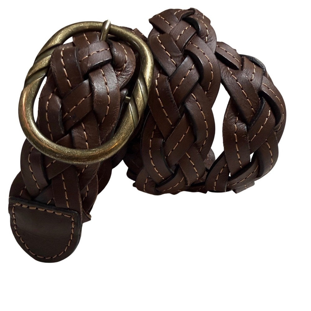 Buffalo Leather Braided Belt Brown EUC Woven Antique Brass  47" Long XL